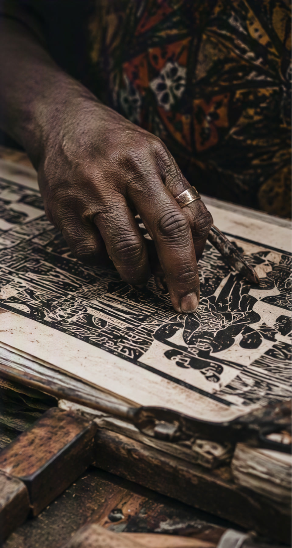A craftsperson working on a detailed print